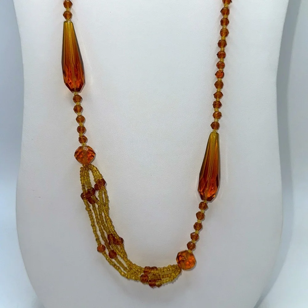 Pretty long amber/ brown colored beaded necklace boho hippie western